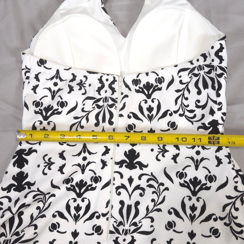 Damask Halter Keyhole Fit Flare Mini Dress Sz 5 Whimsigoth Coquette Black White - Picture 12 of 13